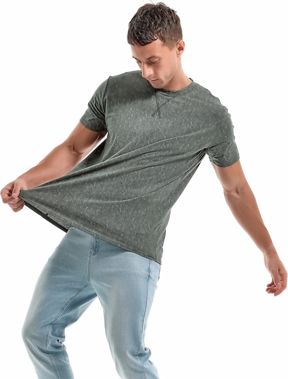 Men’s T Shirt Crew Neck Short Sleeve Cotton Spandex Washed Vintage Casual Tee