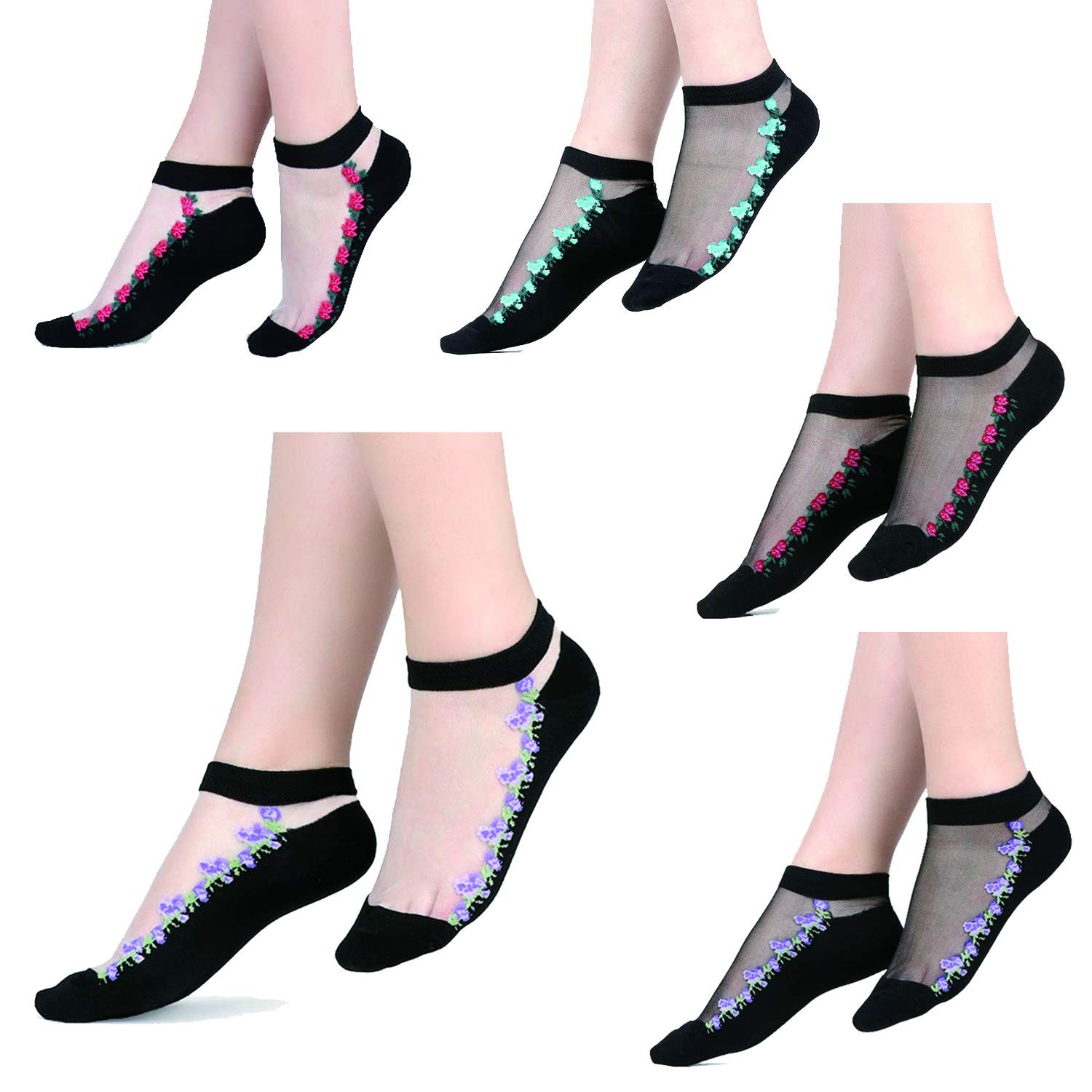Womens Girls Black Sheer Socks Lace Mesh Ankle Socks Novelty Floral Patterned…