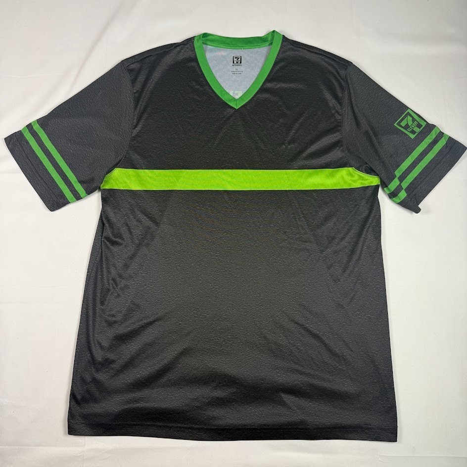 7 Eleven Jersey Style Shirt Mens XL Gray Green V Neck Polyester Promo