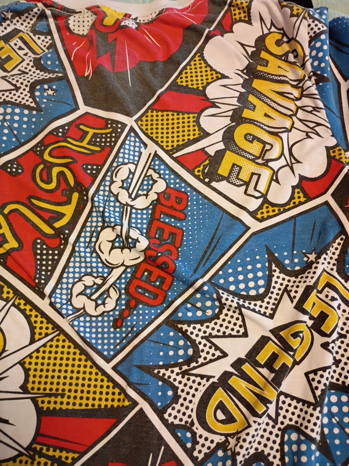Men’s Y2K Launder Hustle Legend Savage AOP Comic Pop Art Graphic T-Shirt S/M