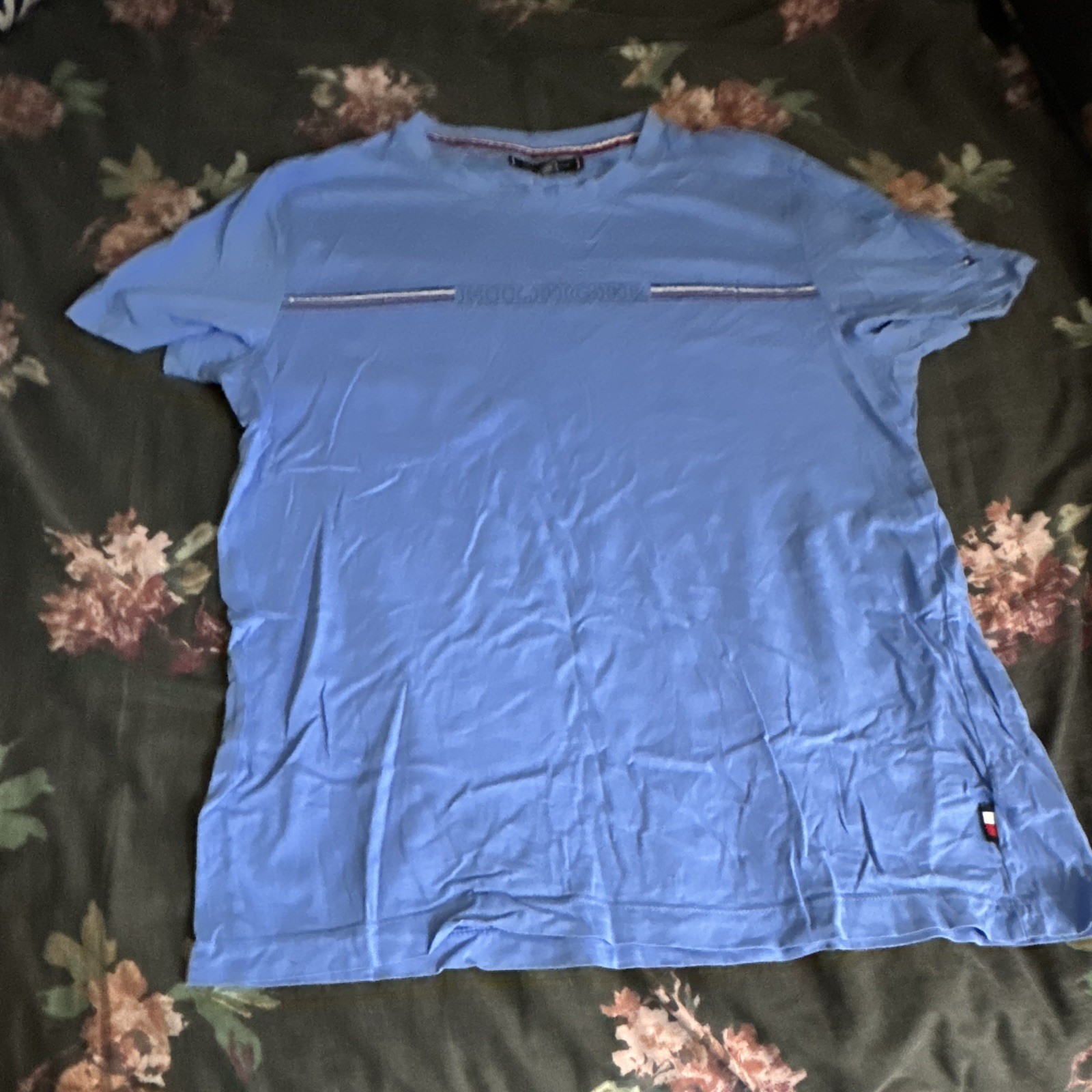 Tommy Hilfiger Men’s Blue Striped Logo Crew Neck T-Shirt Short Sleeve L/G