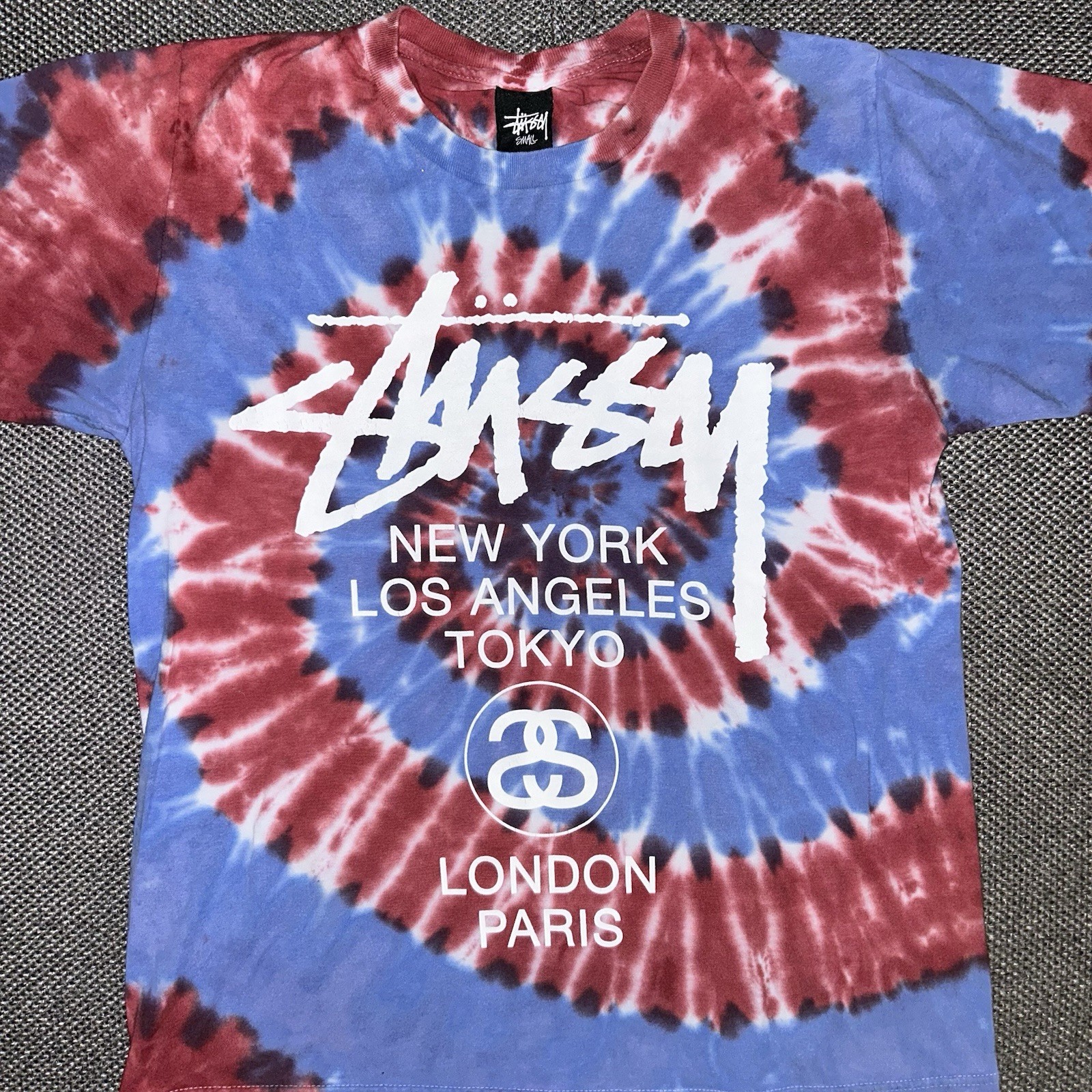 Vintage Y2K Stussy World Tour Tie Dye Skate T Shirt Mens Small Rare 2000s Skater