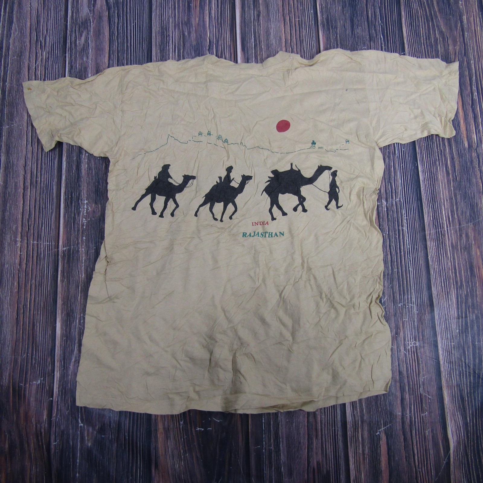 Vintage India Rajasthan Shirt Mens 2XL Tan Camel Desert Graphic Tourist Tee 90s