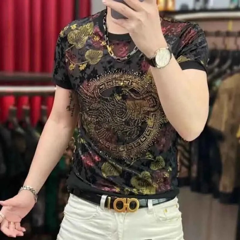 New Men Luxury Diamond Dragon Rhinestones Fashion T-Shirt High Quality 2 Colors