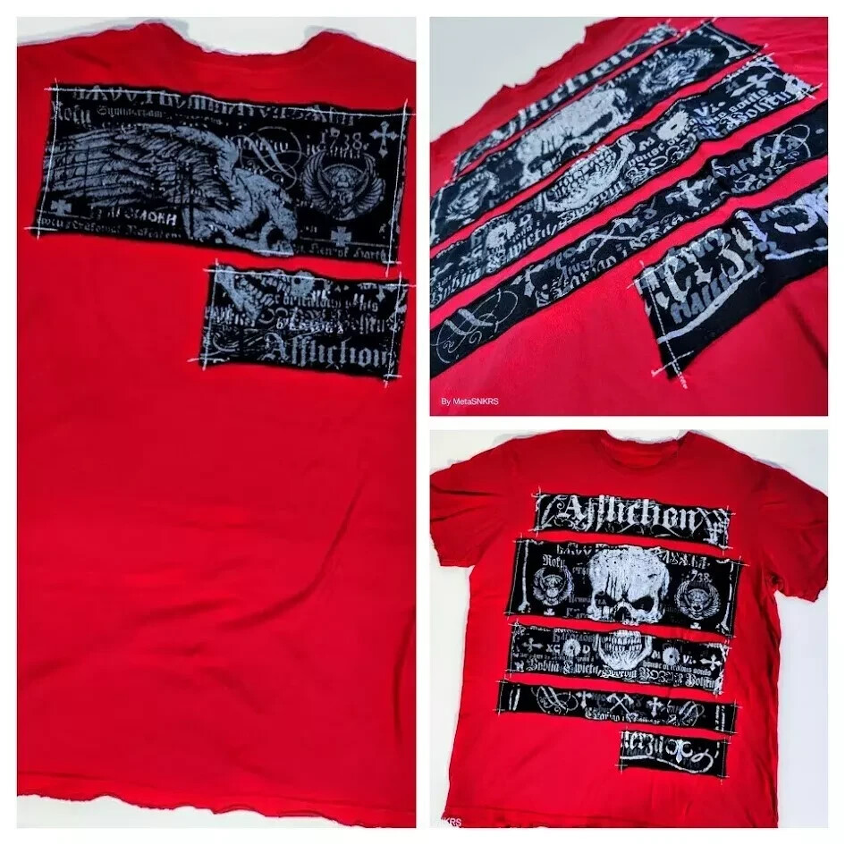 Affliction T Shirt Men XL Red Black Gray Silver Foil Patch Skull USA Distressed