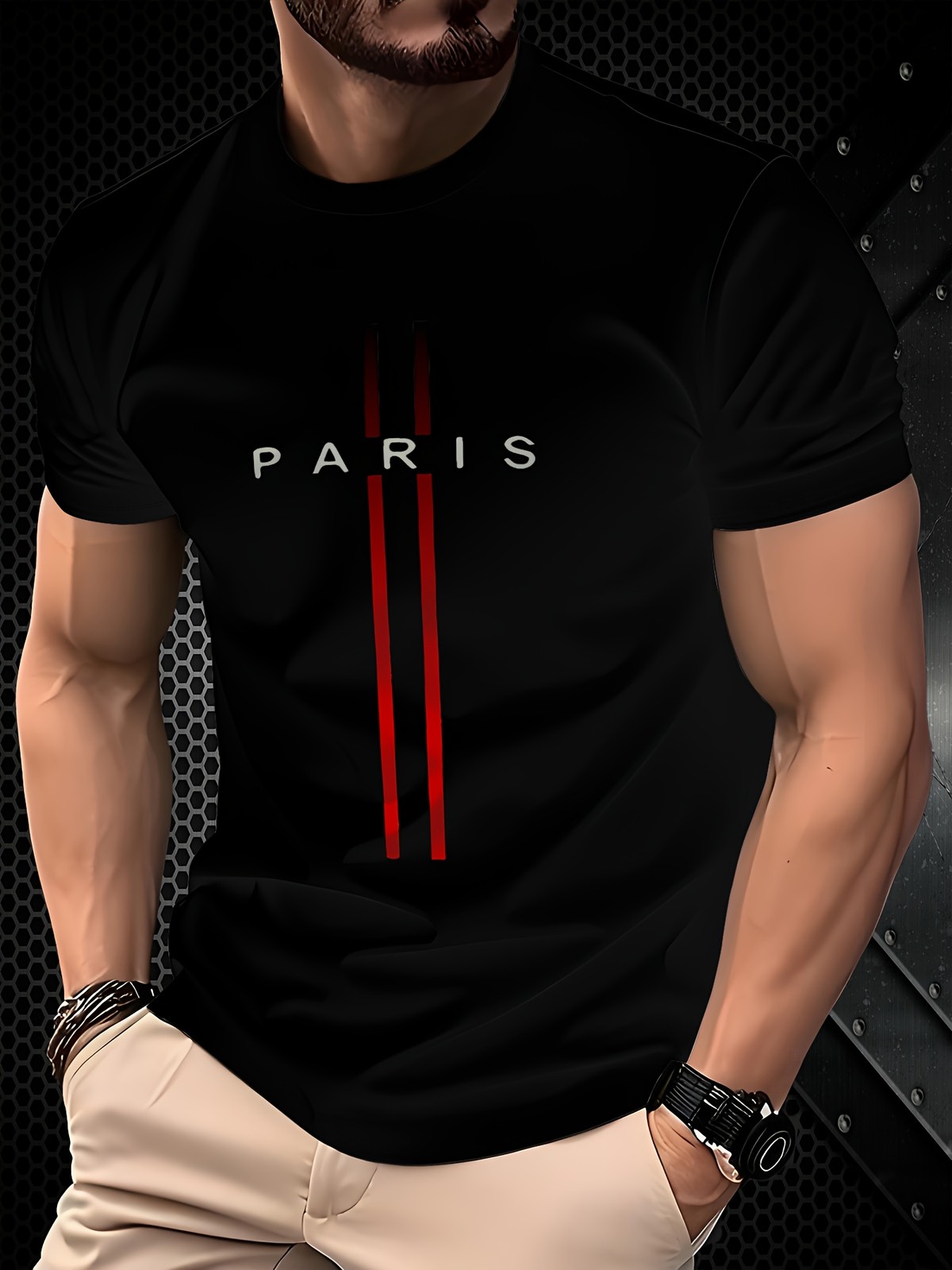Paris Stripe Graphic T-Shirt Men’s Crew Neck Casual Streetwear Tee Top