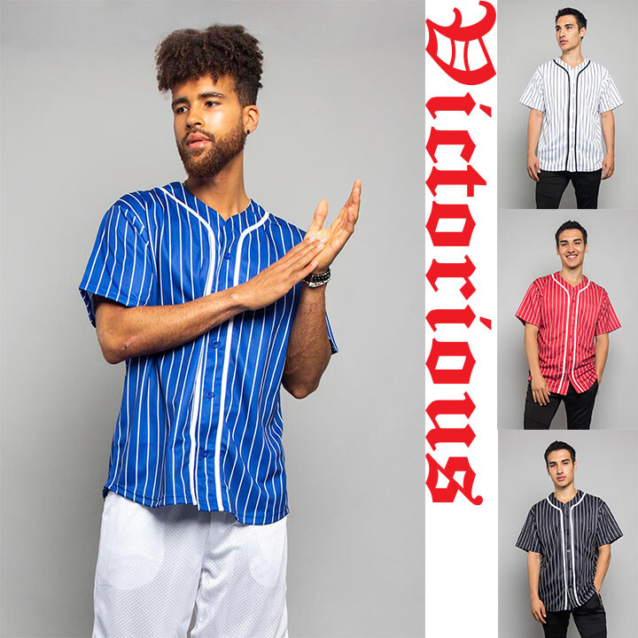 Men’s Hipster Team Uniform Pin Striped Baseball Jersey Short Sleeve Shirt BJ44
