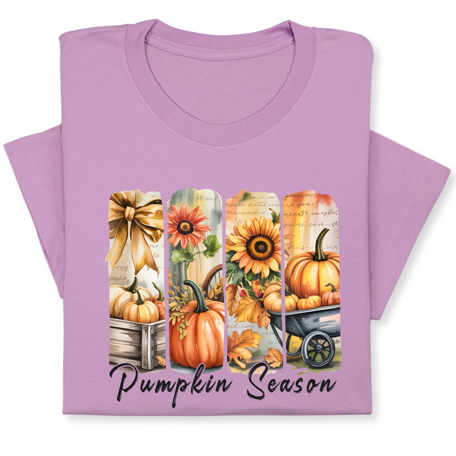 Pumpkin Season Print Shirt, Fall Tee with Sunflowers & Cart