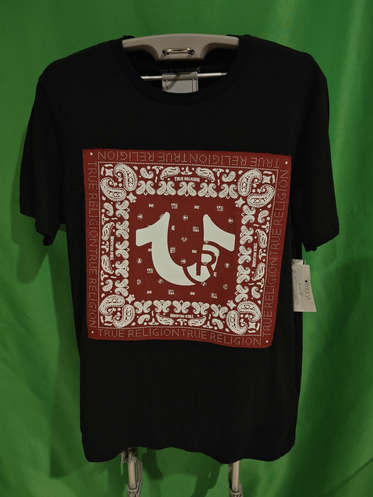 True Religion Paisley Twill Applique Logo Tee Black Mens S Stitched Patch