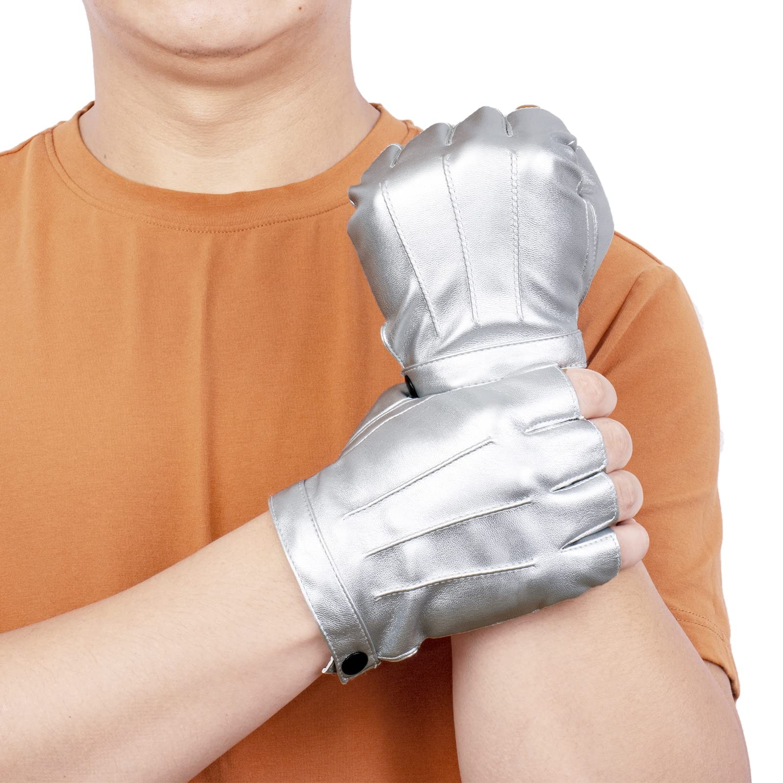 JISEN Men PU Leather Punk Half Finger Snap Performance Gloves Silver