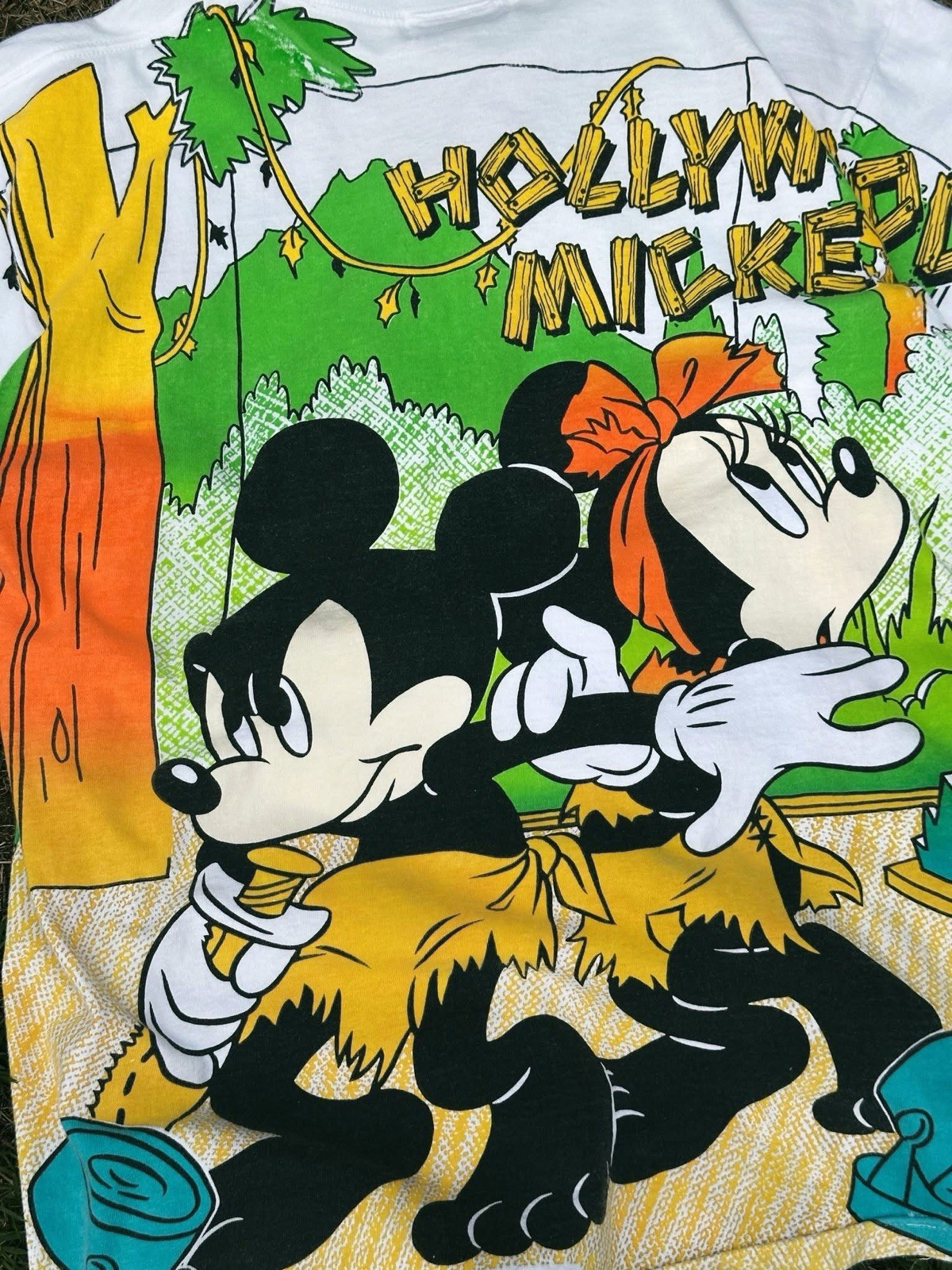 Vintage Mickey Hollywood T-shirt 90s Aop Rare Large White Disney Minnie