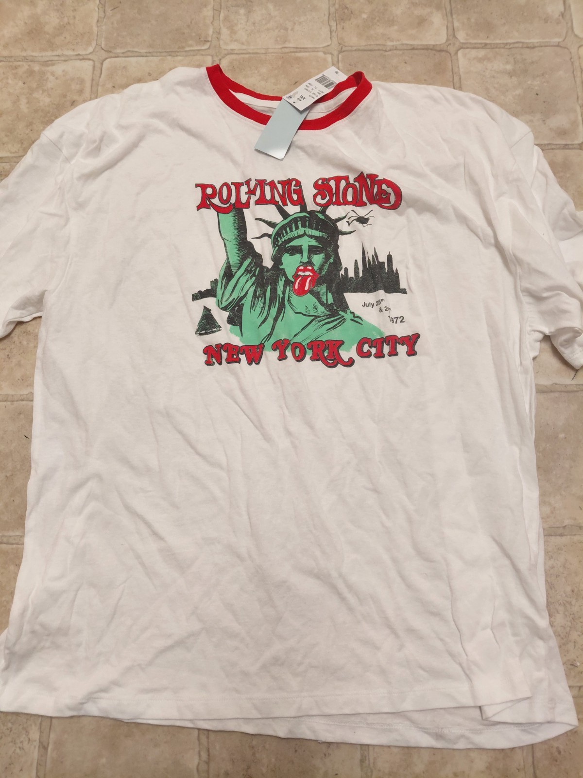 Rolling Stones New York City 1972 T-Shirt XXL White Ringer Tee Statue Liberty