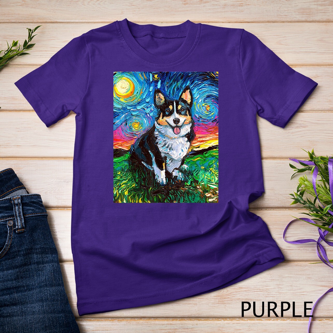 Tri Color Pembroke Welsh Corgi Starry Night Dog Art Unisex T-shirt