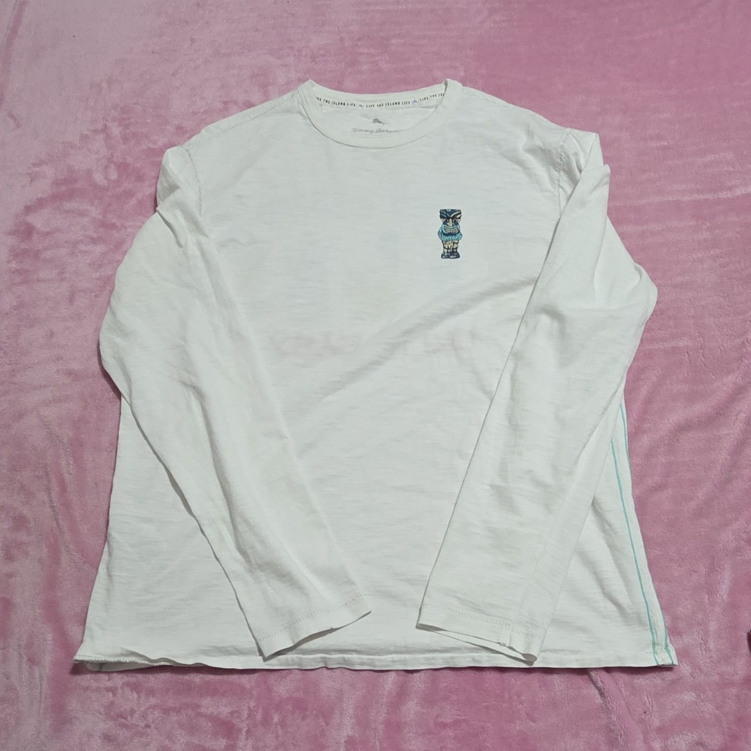 Tommy Bahama Men’s White Cotton Knit Crew Neck Long Sleeve Tiki Graphic Tee S/P