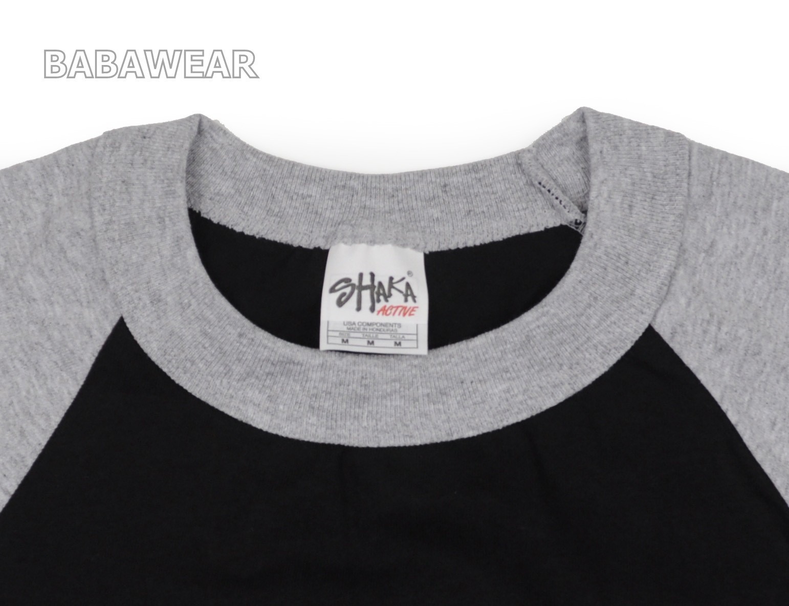 Shaka Plain Baseball Shirt Raglan 3/4 Sleeve Black Body Gray BABA Vintage Look