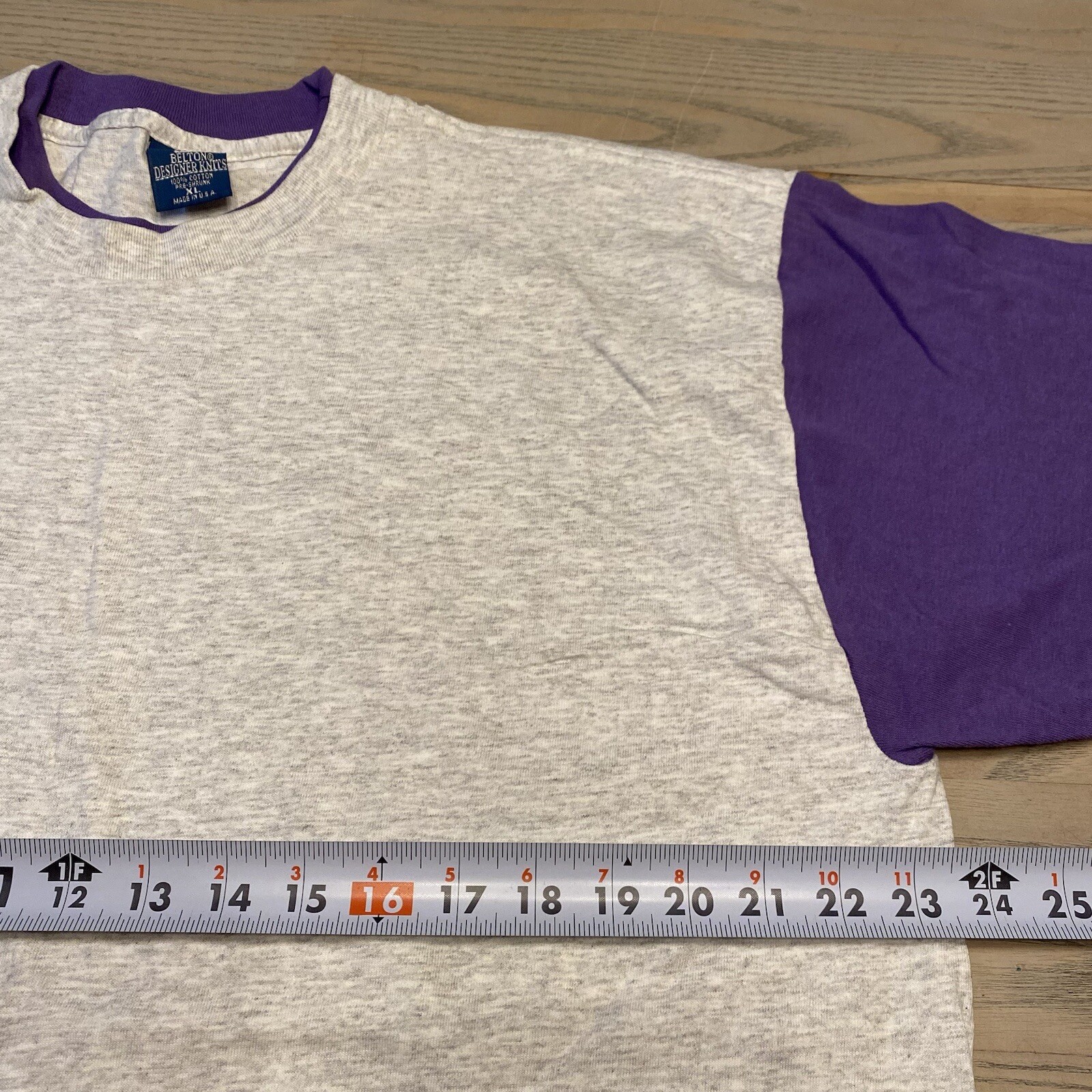 VTG Belton Designer Knits Gray Purple Contrast Sleeves Mens XL Single Stitch USA