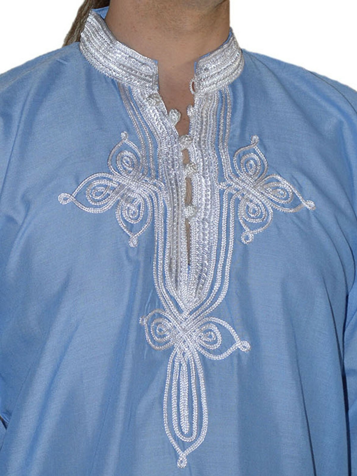 Moroccan Men Tunic Shirt Casual Handmade Embroidered Cotton X- Large Light Blue