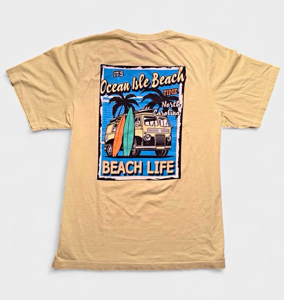 U.S. Vintage Men’s XL Beige Cotton Knit Crew Neck Beach Graphic T-Shirt
