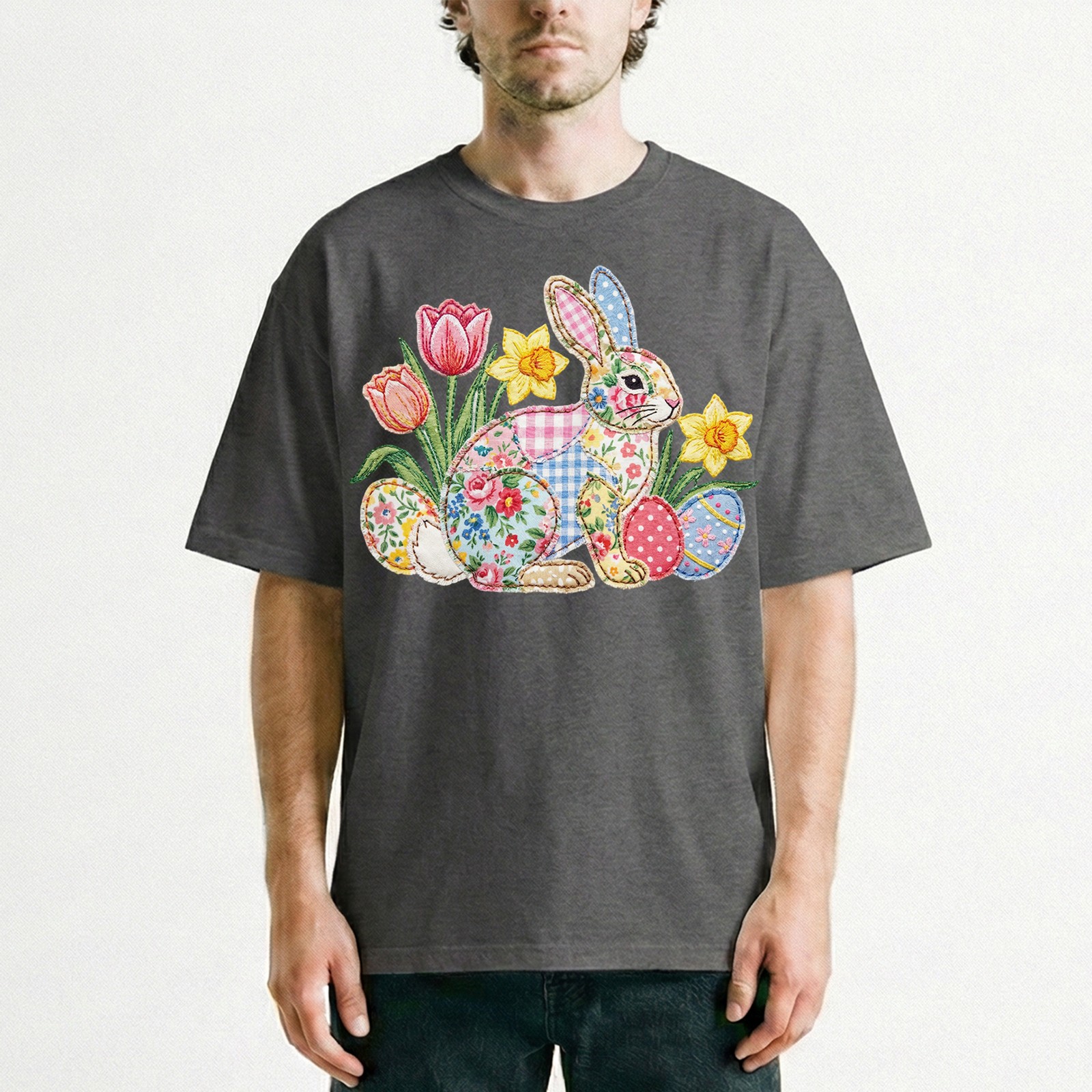 Easter Bunny Patchwork Floral Spring T-Shirt Holiday Cute Pastel Egg Lover Tee