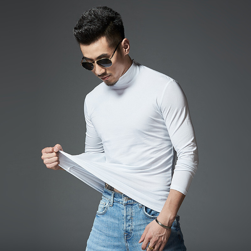 Spring and Autumn Men’s Thin Solid Color Half Turtleneck Long Sleeve T-Shirts