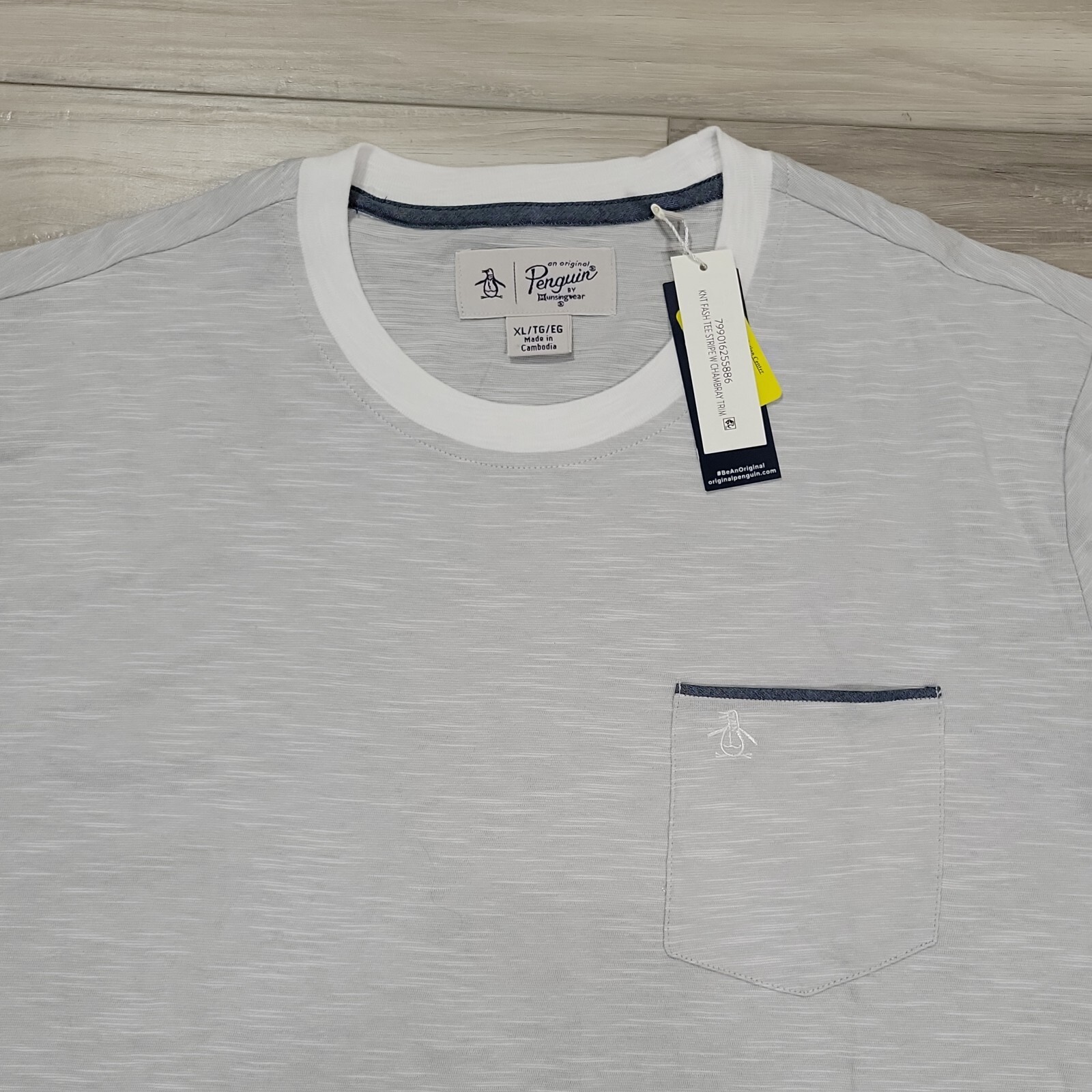 Penguin Knit Tee Mens XL Light Gray Stripe Chambray New