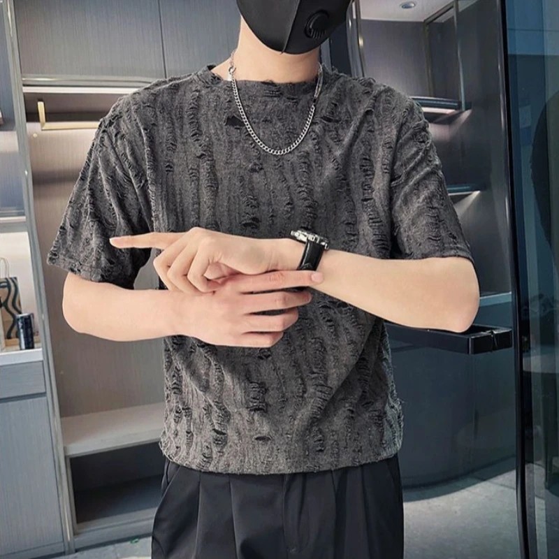 Mens Distressed Textured Short Sleeve T-Shirt Trendy Ripped Summer Crew Neck Tee