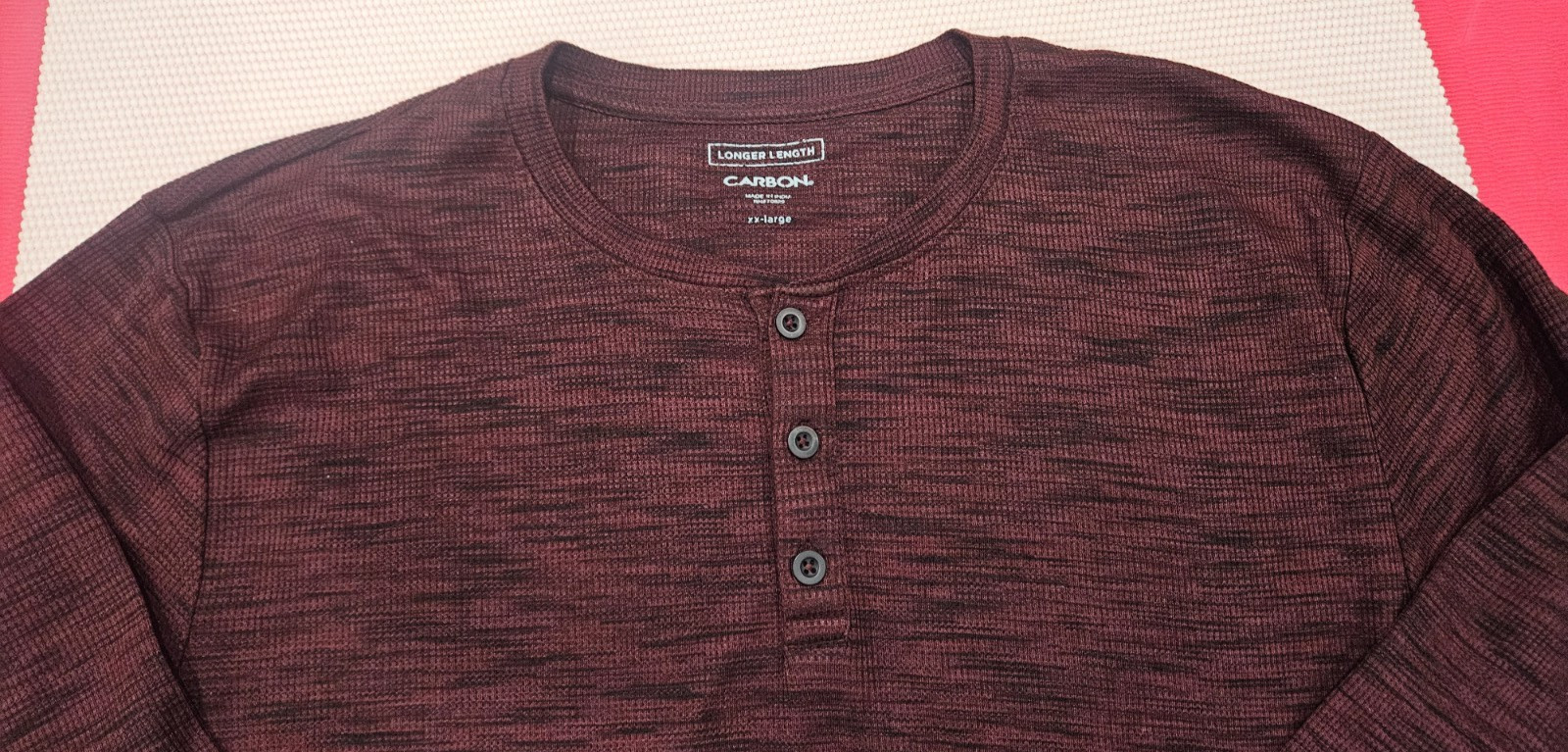 Carbon Men’s Long Sleeve XXL Henley Shirt Burgundy Waffle Knit 3 Buttons