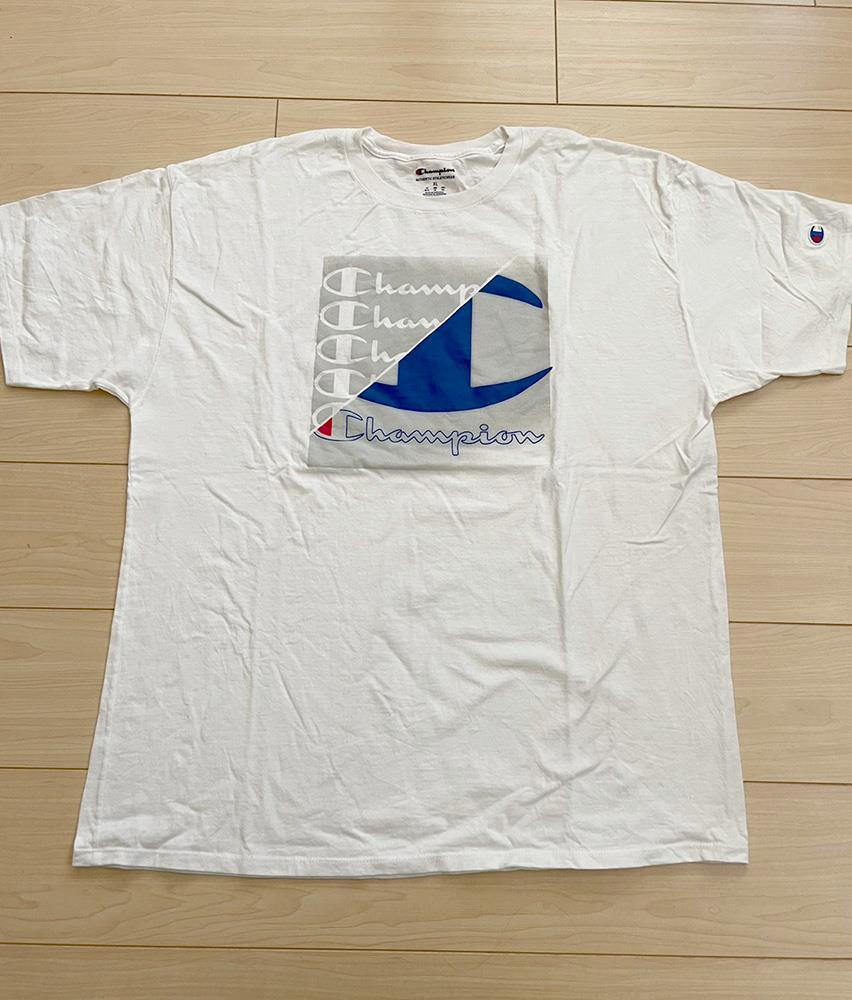 Men Champion Huge Logo Front Crew Neck Tee T-shirt Top Short Sleeve White XL