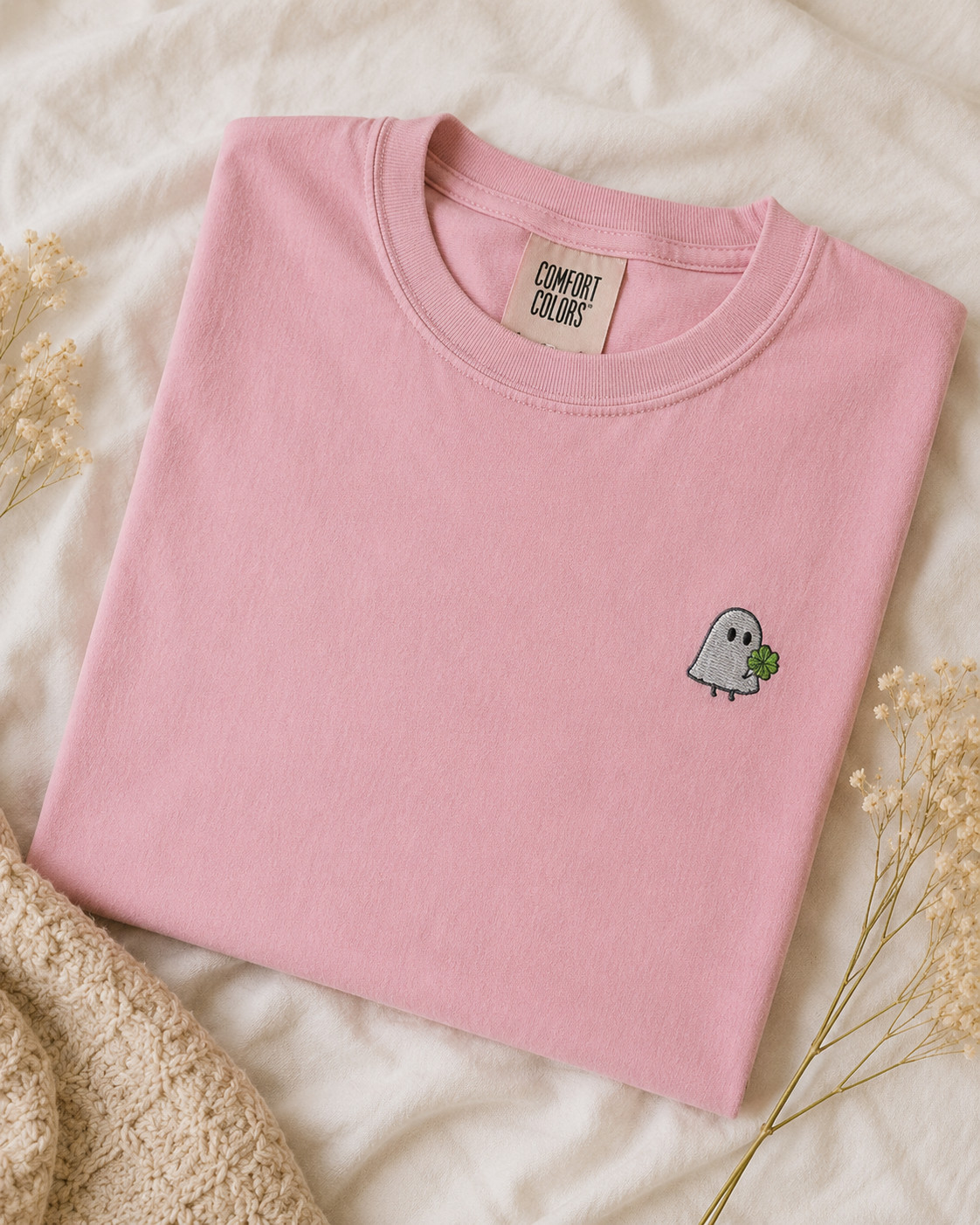 Cute Ghost Embroidered T-Shirt with Lucky Clover | Comfort Colors