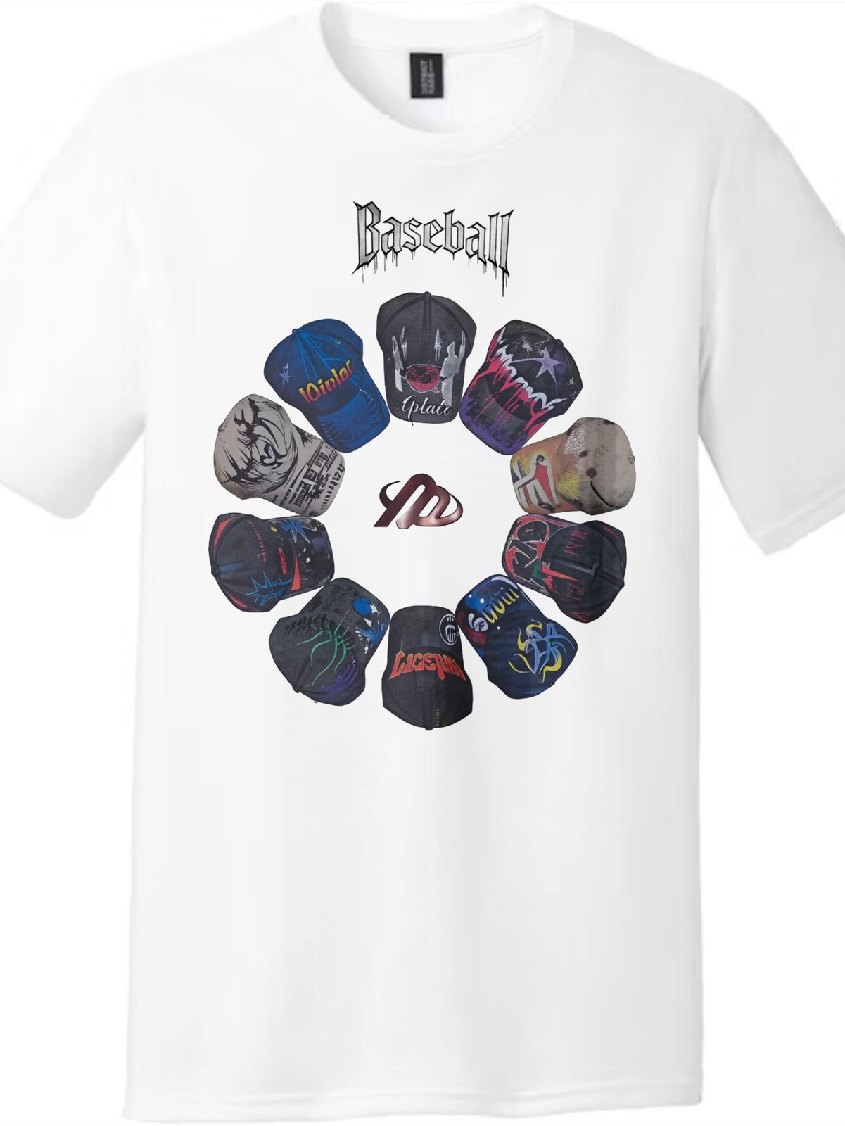 Baseball Cap Collage Casual Graphic T-Shirt-Retro Streetwear Dad Hat Daily Tee
