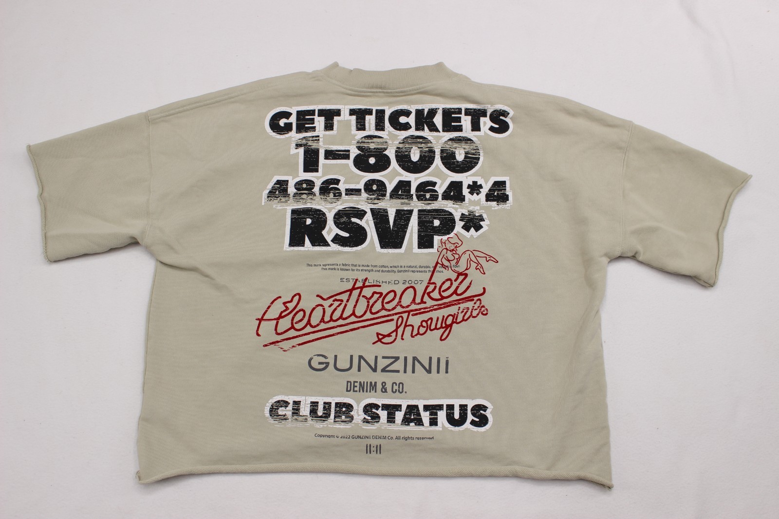 Gunzinii Heartbreaker showgirls men size M short sleeve beige raggy t shirt