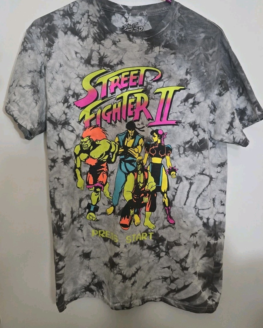 RARE CAPCOM Street Fighter II Press Start 8-Bit Neon Tie-Dye Tee – Size M