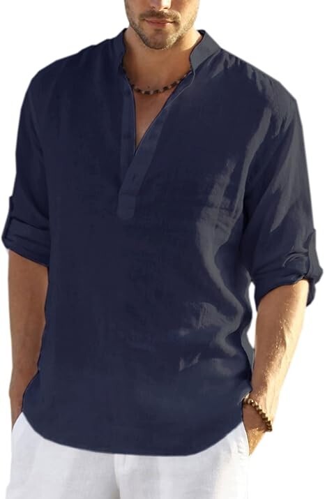 COOFANDY Men’s Cotton Linen Henley T-Shirt Long Sleeve Hippie Casual Beach Blue