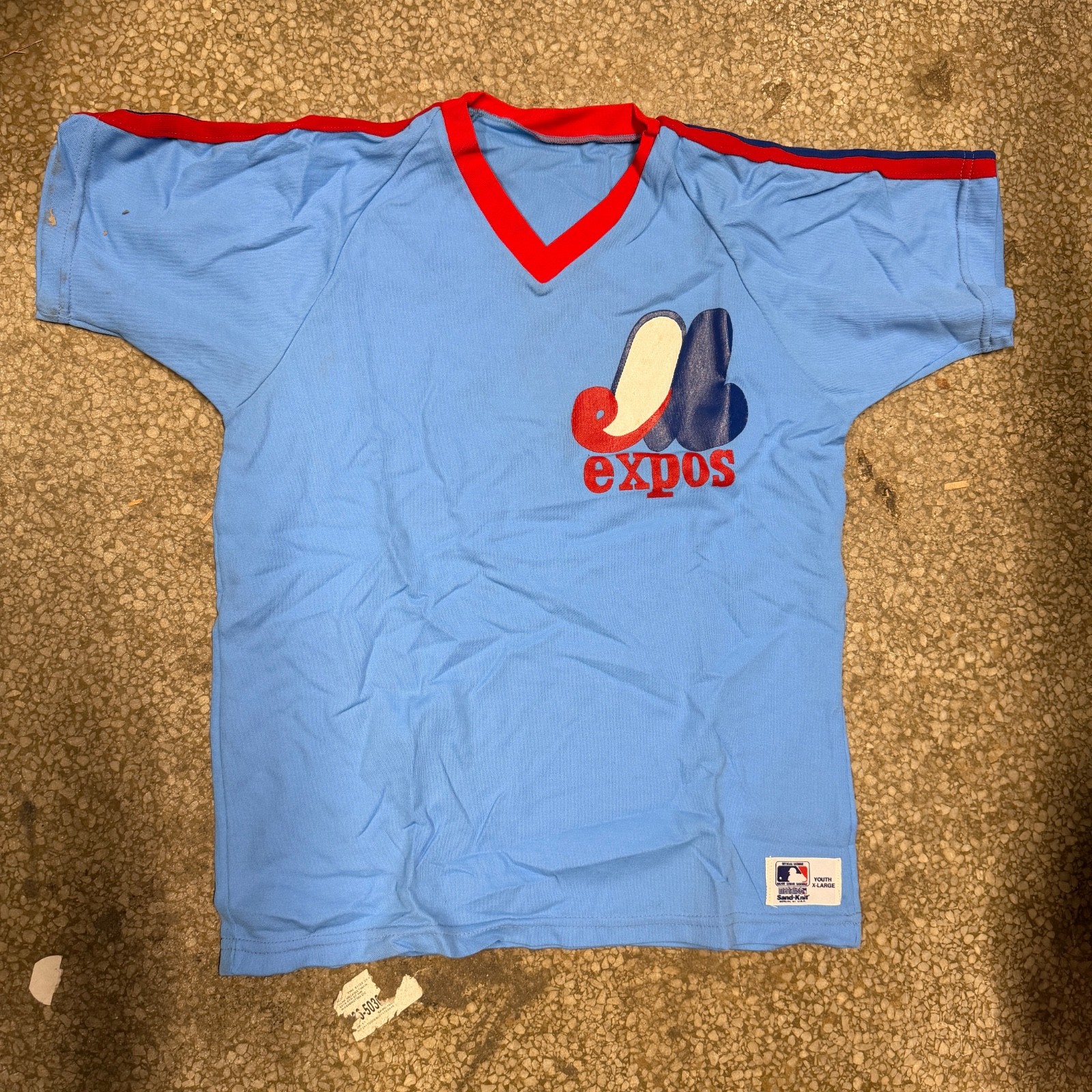 Vintage Rare Sand Knit Montreal Expos V Neck Baseball T-shirt YOUTH XL MLB 80s