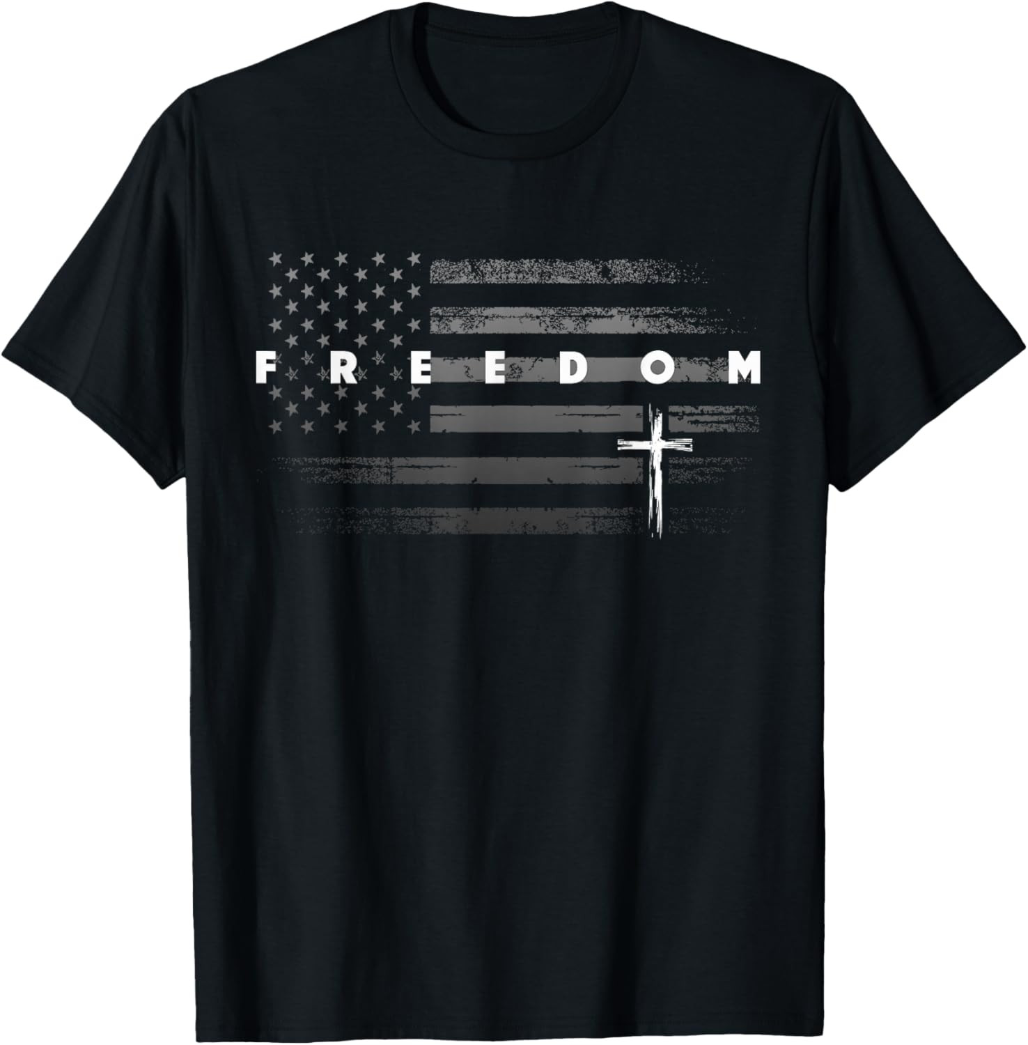 Grunge American Flag and Cross Faith Family Freedom T Shirt