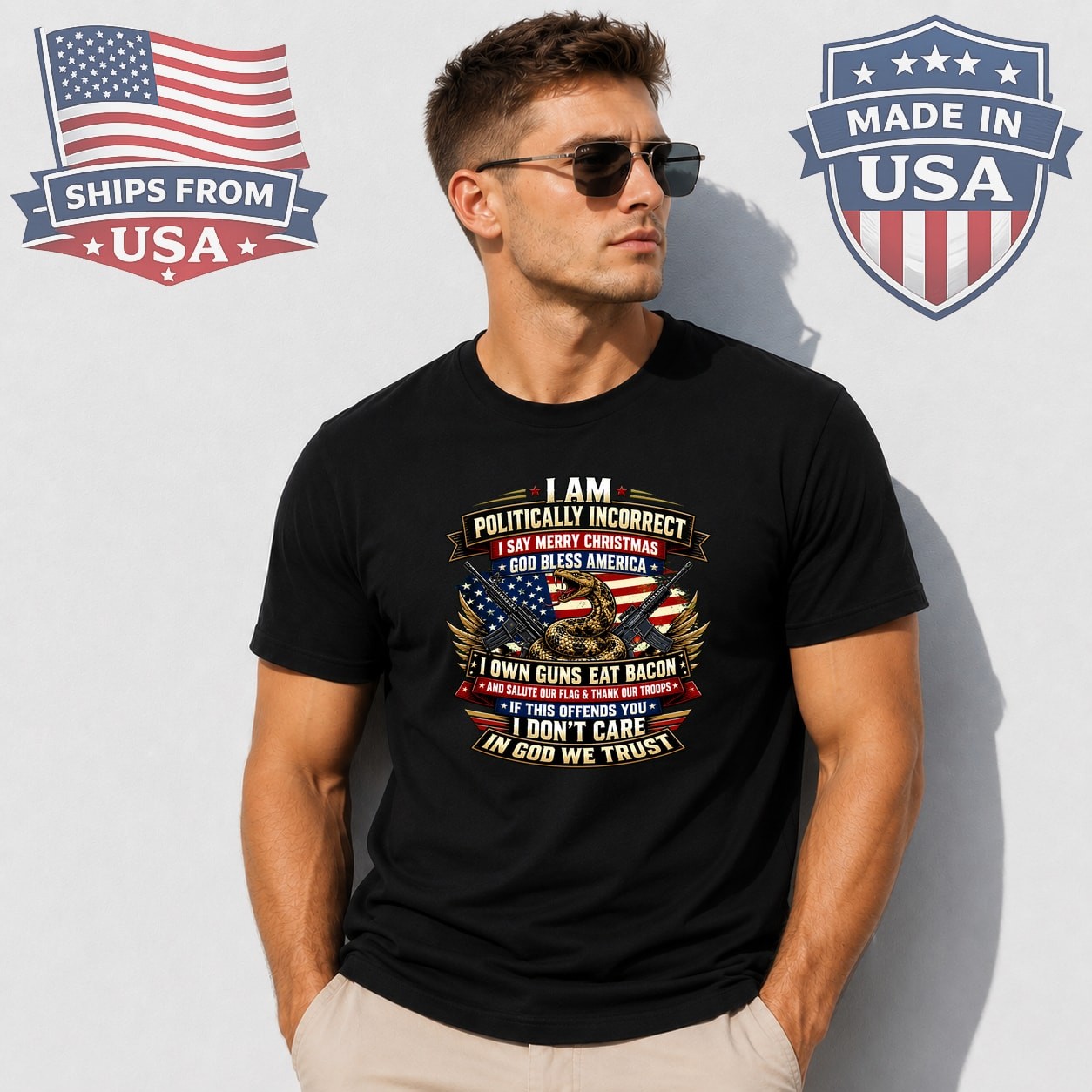 Politically Incorrect Patriotic Snake And Guns Graphic T-Shirt