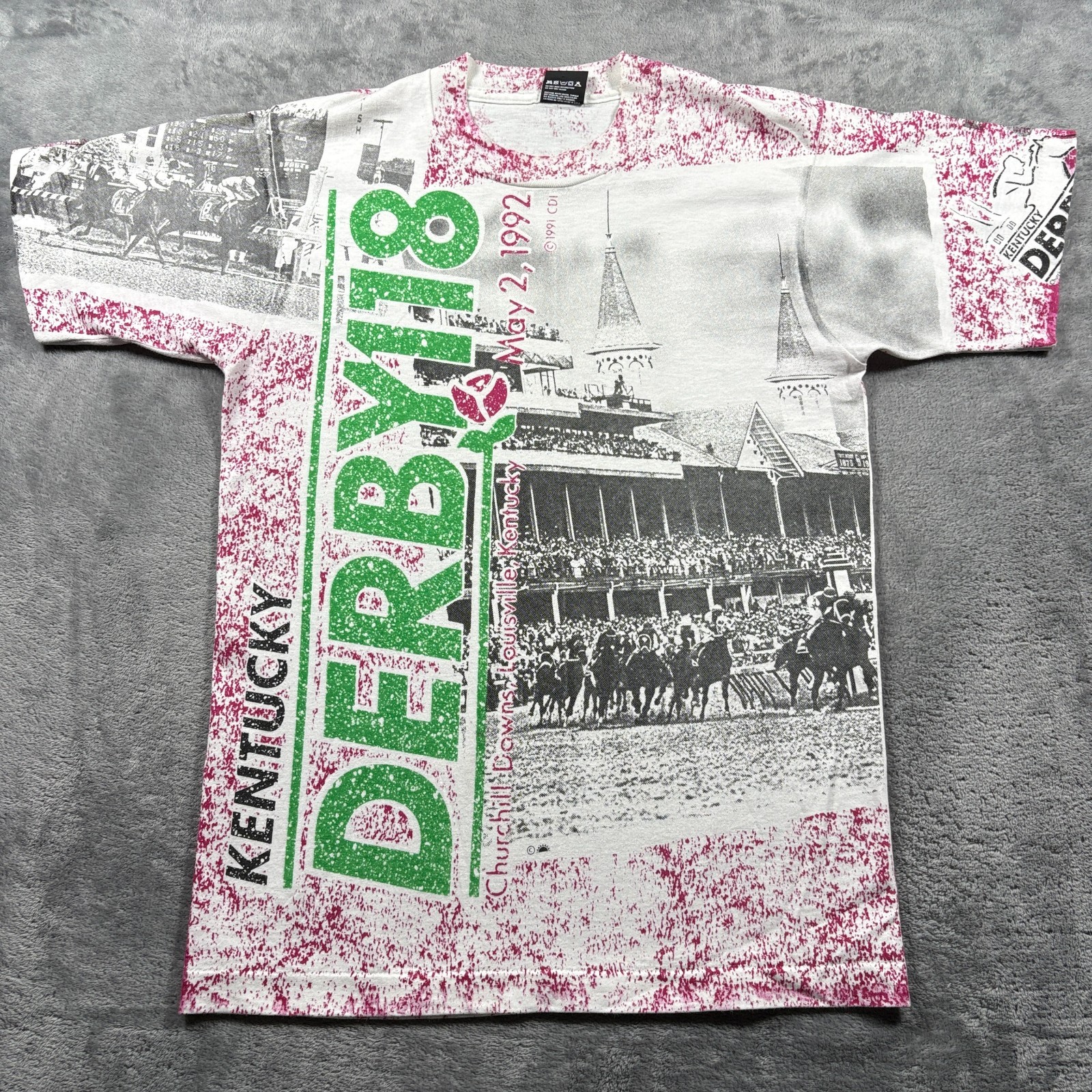 Vintage 1992 Screen Stars T-Shirt Mens Medium Kentucky Derby 118 All Over Print