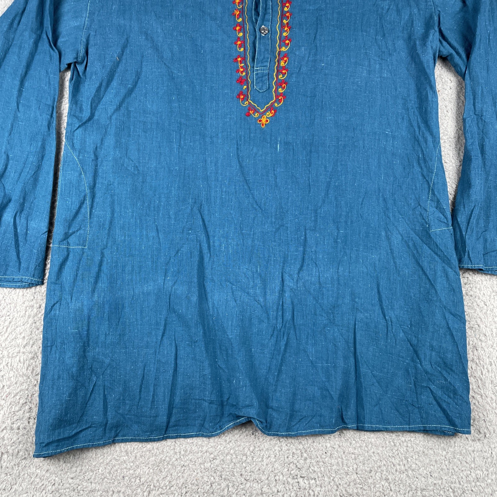 Traditional Indian Bohemian Relaxed Fit Shirt Dark Teal Blue L/XL Thin Knit