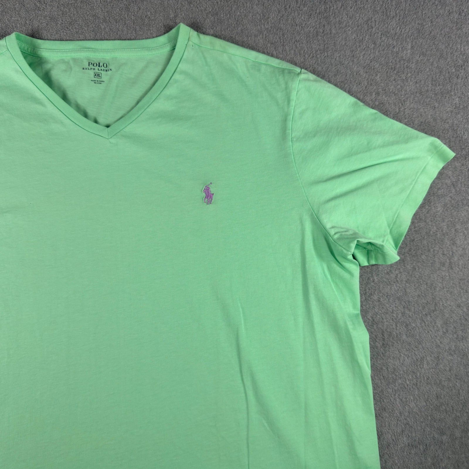 Polo Ralph Lauren T Shirt Mens XXL Green Purple Pony V Neck Short Sleeve