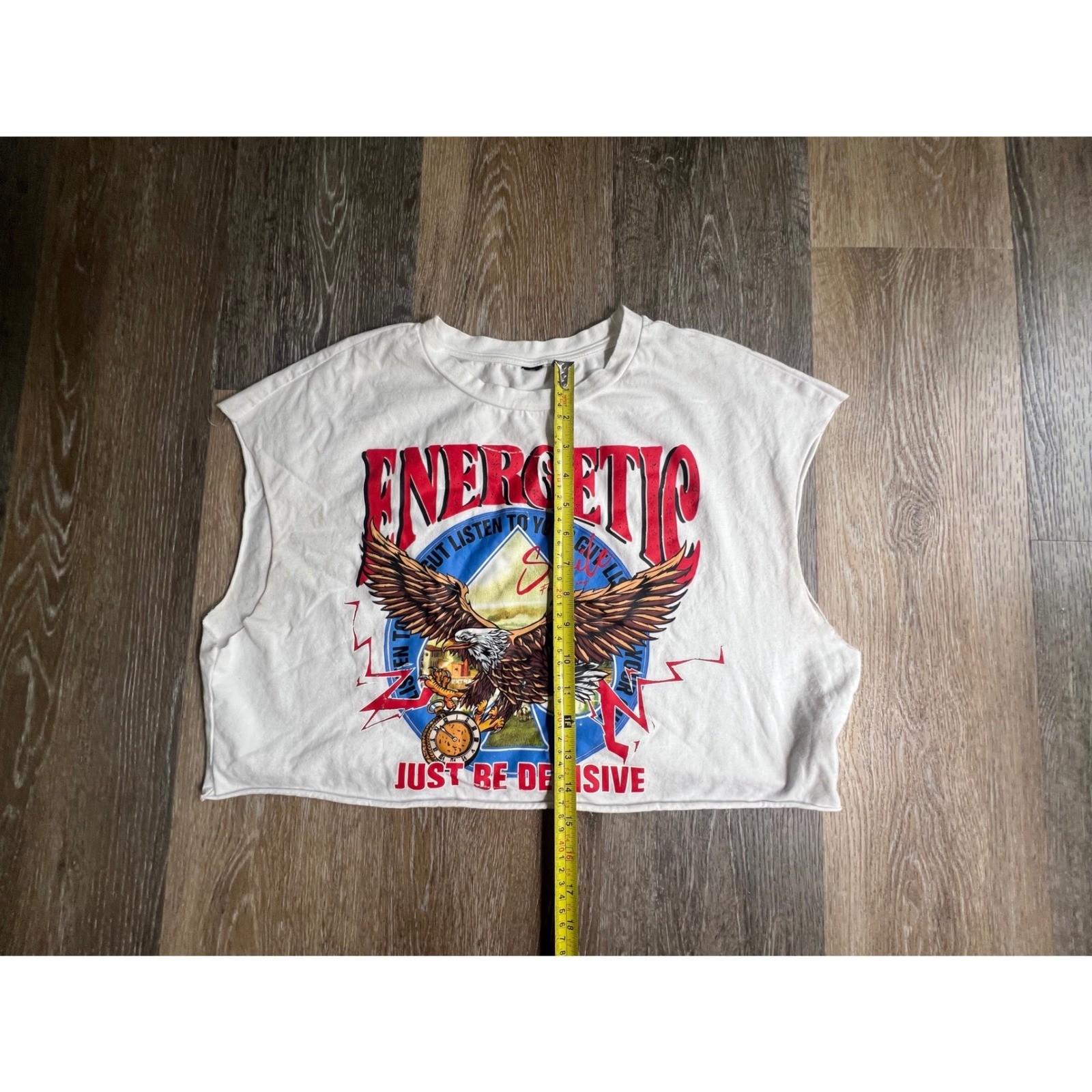 Graphic Muscle Tee Mens XL White Energetic Eagle Cropped Raw Hem