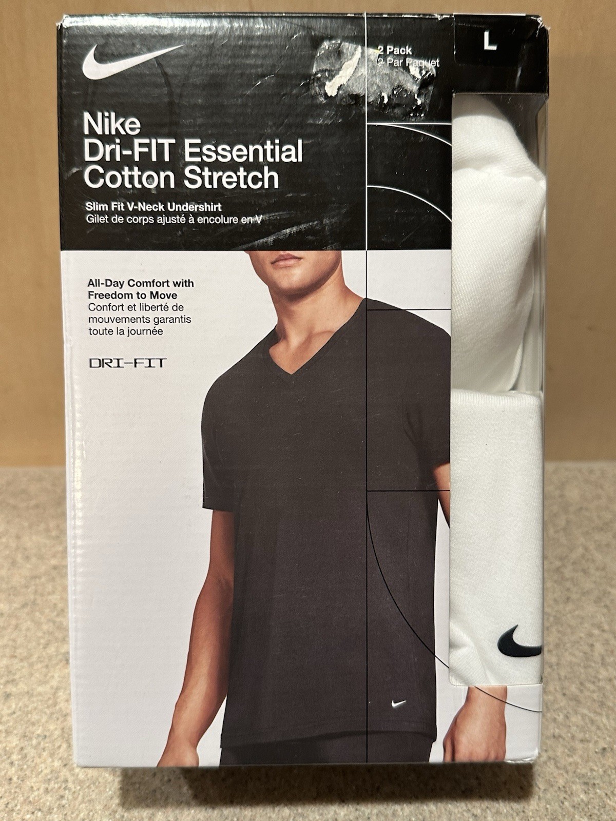 Men’s Nike Dri-Fit Essential Cotton Stretch Slim V-Neck White Undershirts 2 Pack
