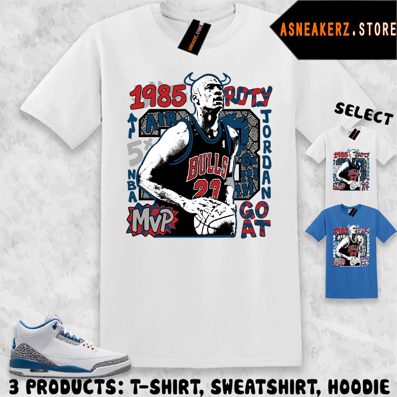 Tee Shirt Matching AJ 3 OG True Blue 2026 Match Sneaker Vintage MJ Bulls T-Shirt
