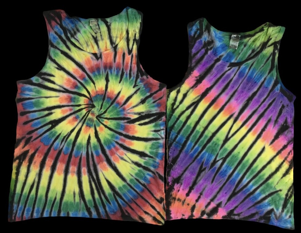 *New* Handmade Tie Dye, Spiral or Diagonal Rainbow Black Tank, Men’s or Women’s
