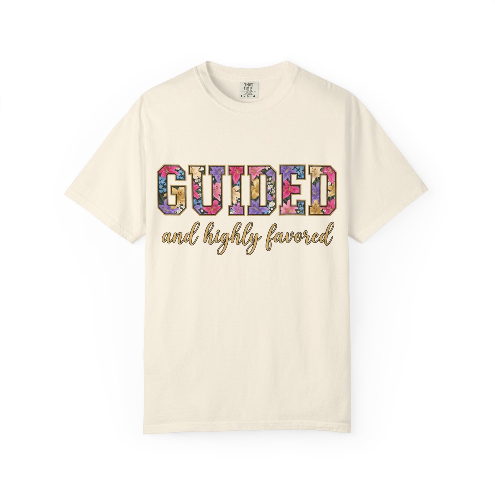 Guided and Highly Favored T-shirt | Floral Patchwork Lettering