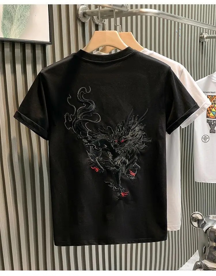 Men’s Mythical Dragon Kirin Embroidery Short Sleeve Casual Summer T-Shirt
