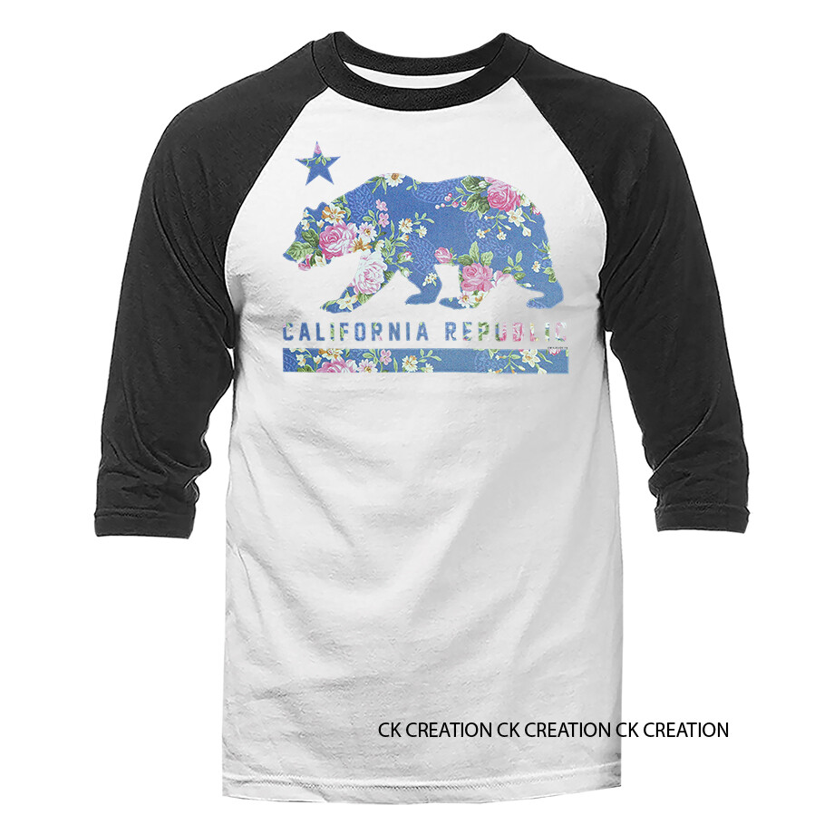 The Golden State California Republic Floral Cali Bear Graphic 3/4 Sleeve Raglan