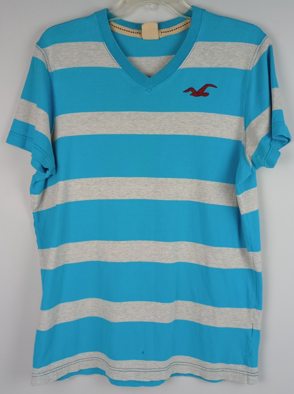 Y2K Hollister Mens XL Teal Gray Striped Surfer Cut V Neck Short Sleeve Tshirt