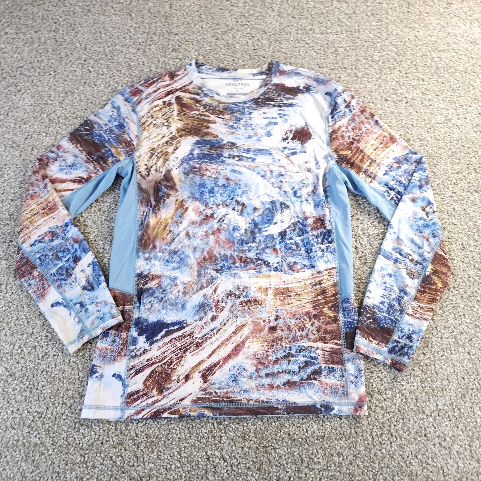 Realtree Fishing Shirt Mens S Sleeve Ocean Swirl Stretch Crew Neck Long Sleeve