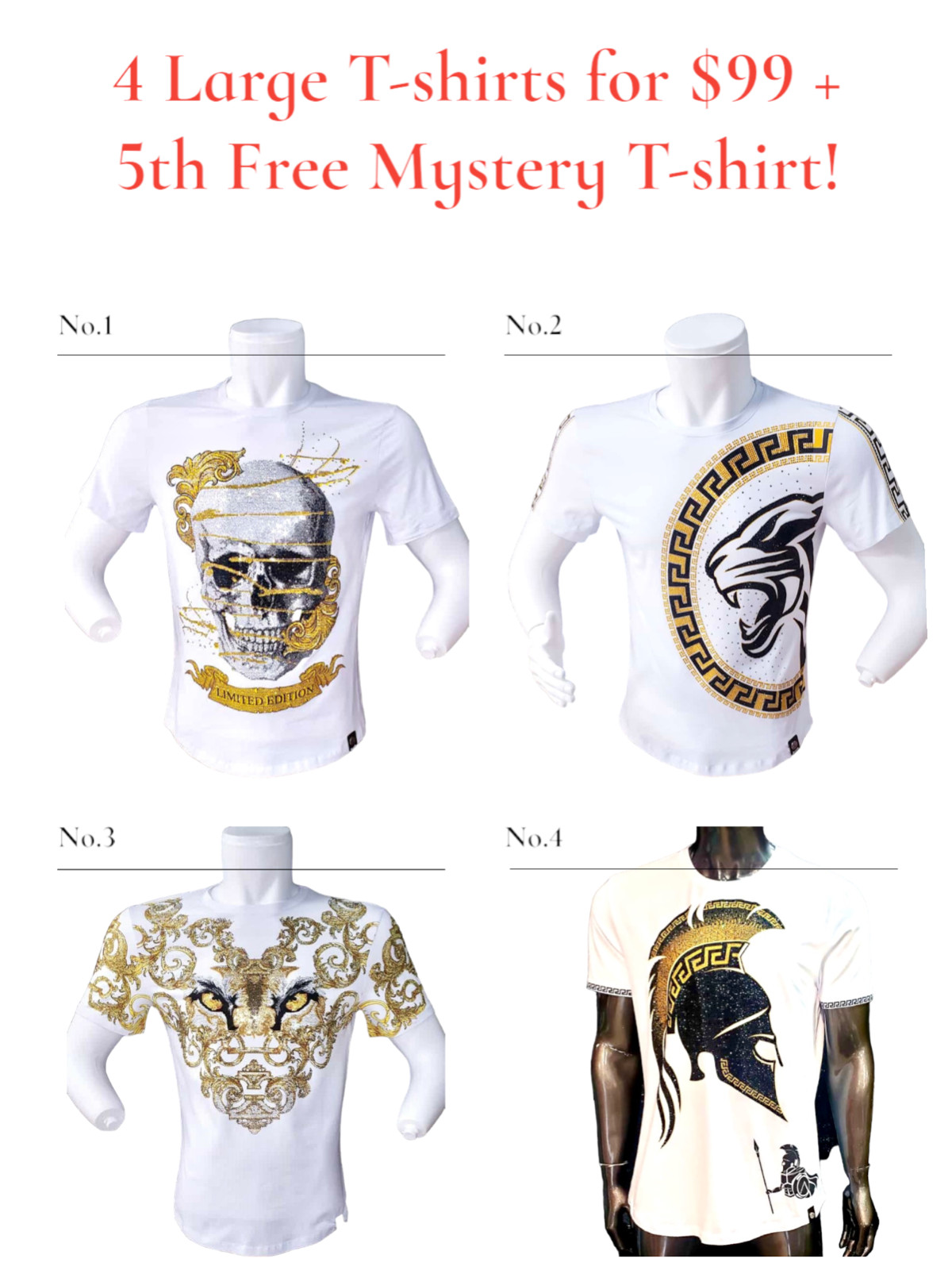 4 New Mens Large Size White Rhinestone T-Shirts + 1 Free Mystery T-shirt