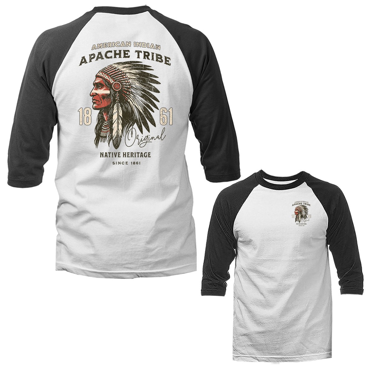 Vintage Apache Tribe Native American Chief Heritage 3/4 Sleeve Raglan